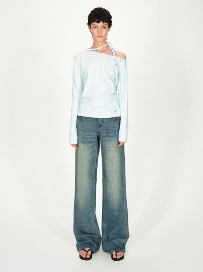 AFTADAWN Asymmetric Tie Waist Textured Slim Fit Top