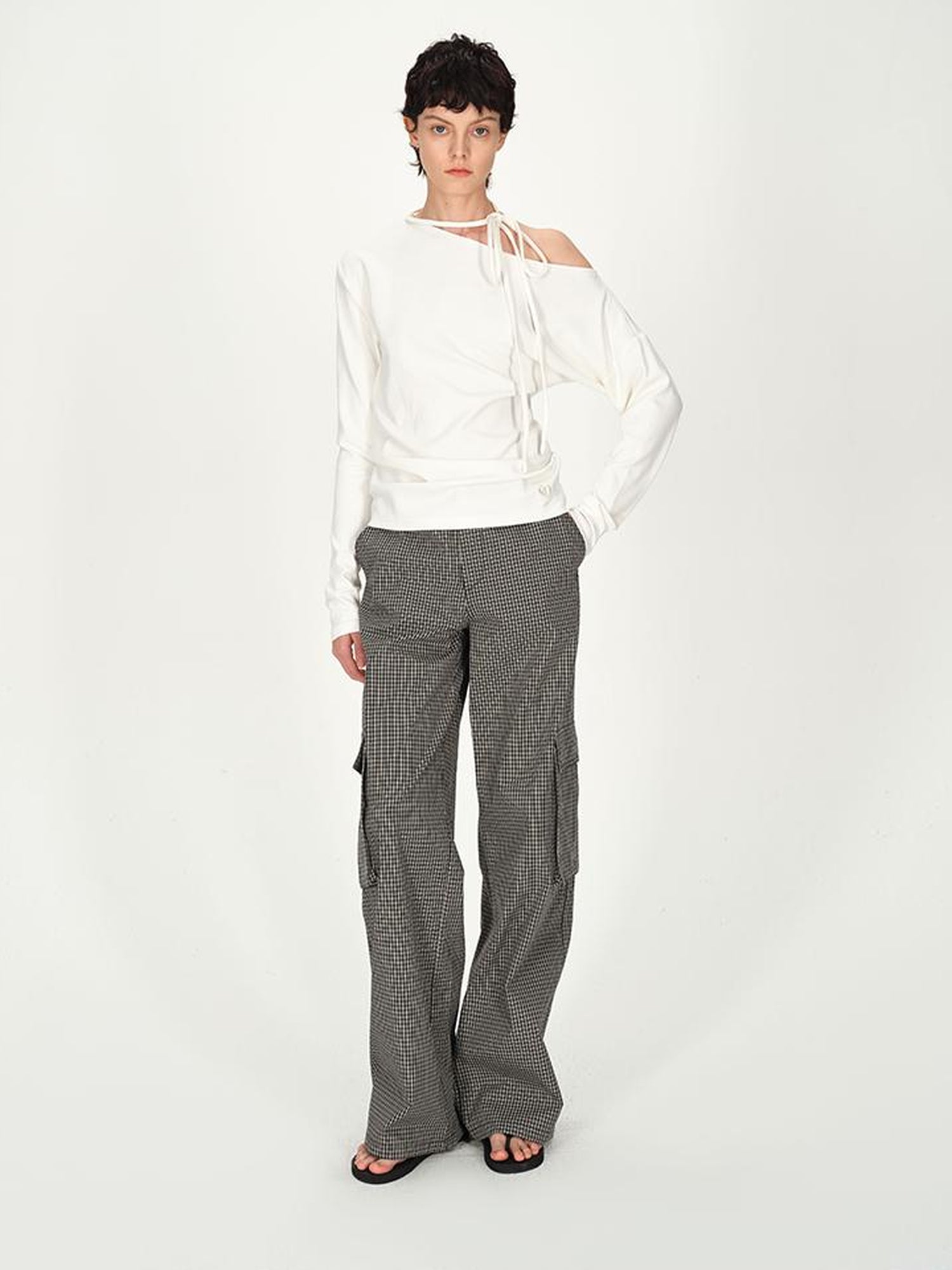 AFTADAWN Asymmetric Tie Waist Textured Slim Fit Top