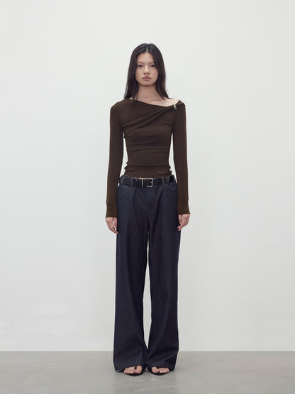 AFTADAWN Asymmetric Twist Shoulder Slim Fit Top