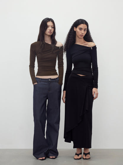 AFTADAWN Asymmetric Twist Shoulder Slim Fit Top