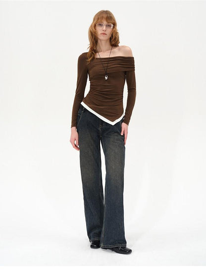 AFTADAWN Asymmetrical Off Shoulder Colorblock Women&