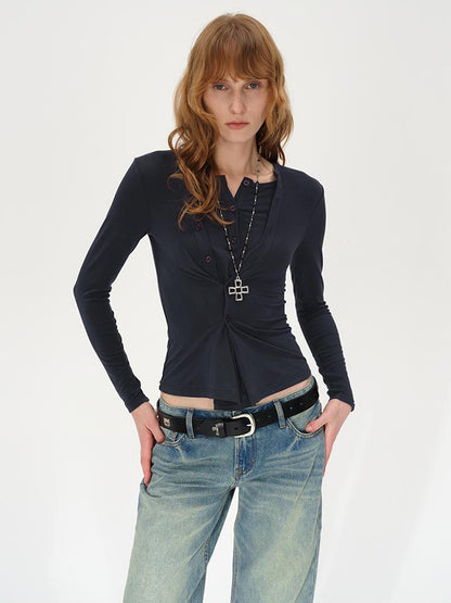 AFTADAWN Asymmetrical Placket Layered Lyocell Top