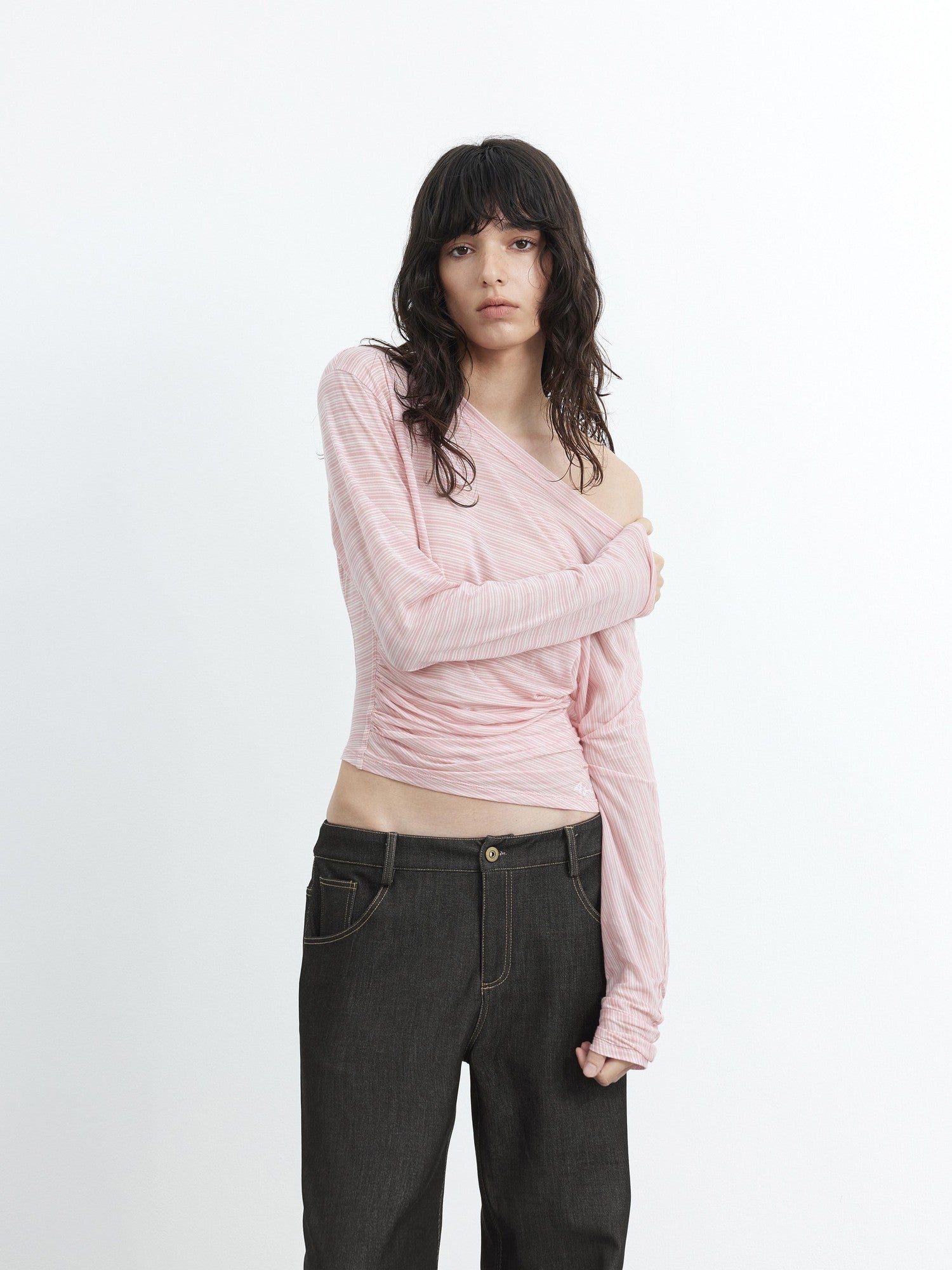 AFTADAWN Asymmetrical Striped Ruched Embroidered Women&