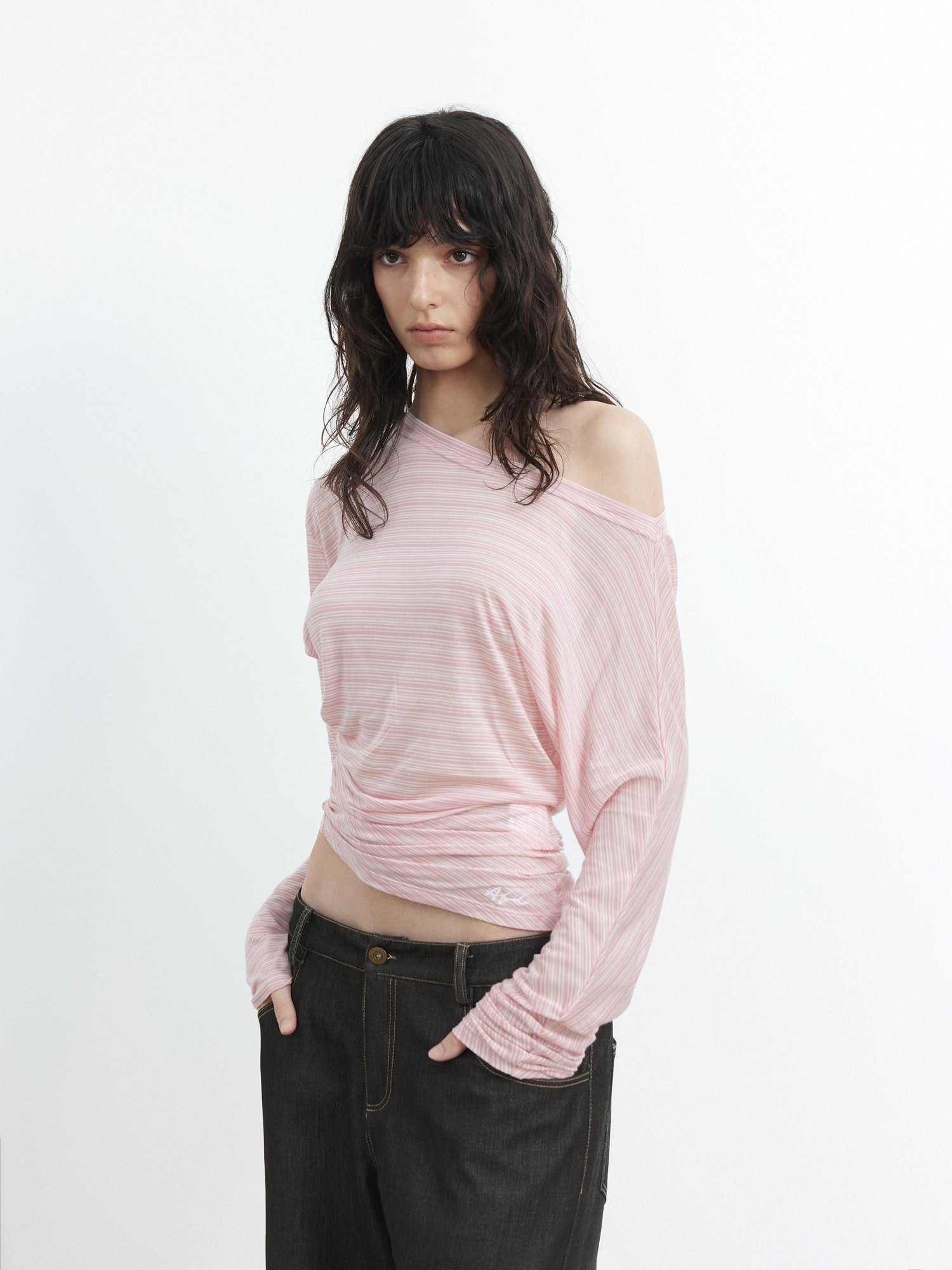 AFTADAWN Asymmetrical Striped Ruched Embroidered Women&