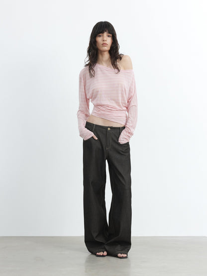 AFTADAWN Asymmetrical Striped Ruched Embroidered Women&