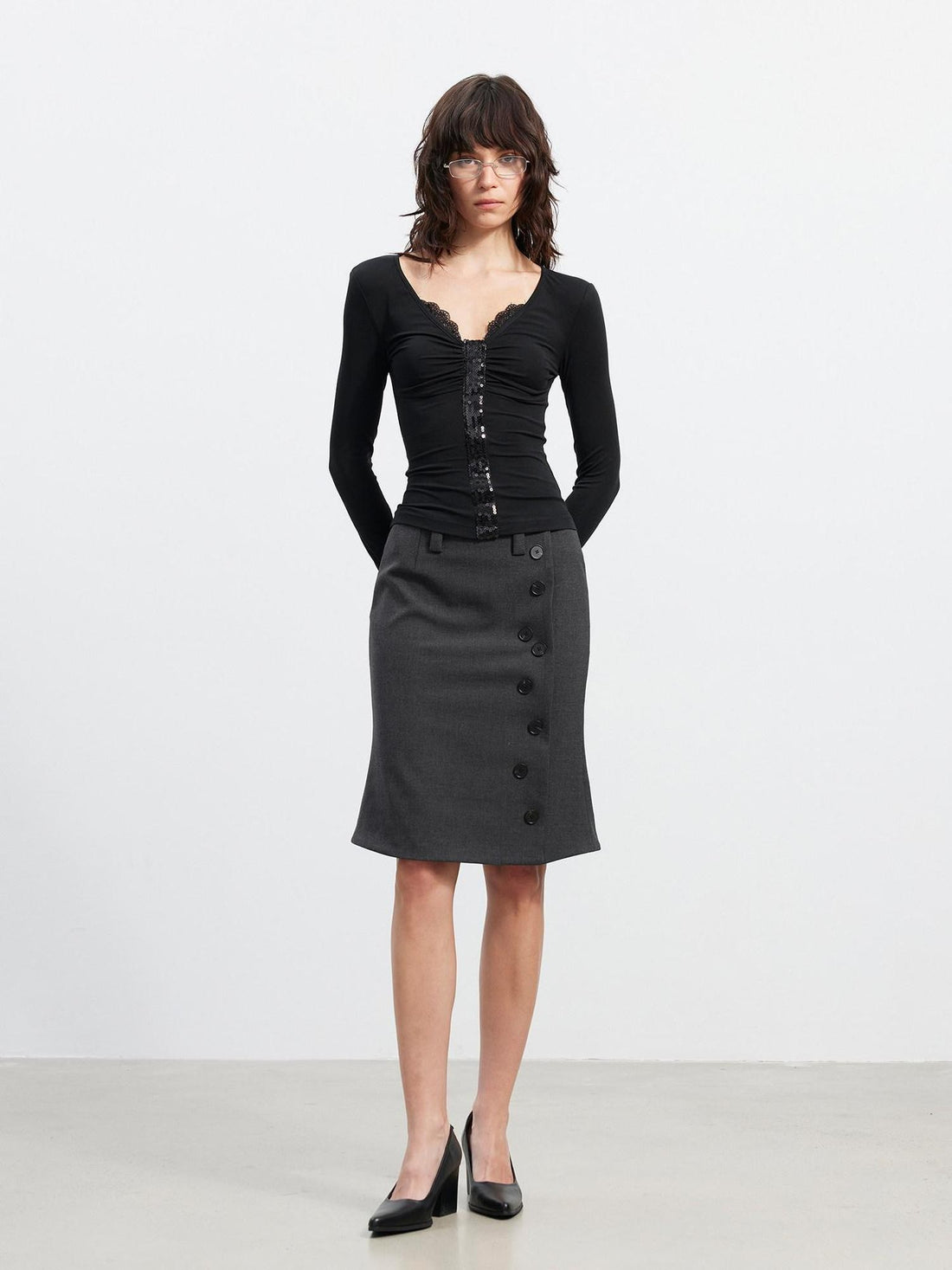 AFTADAWN Asymmetrical Twill Side Button High Waist Women&