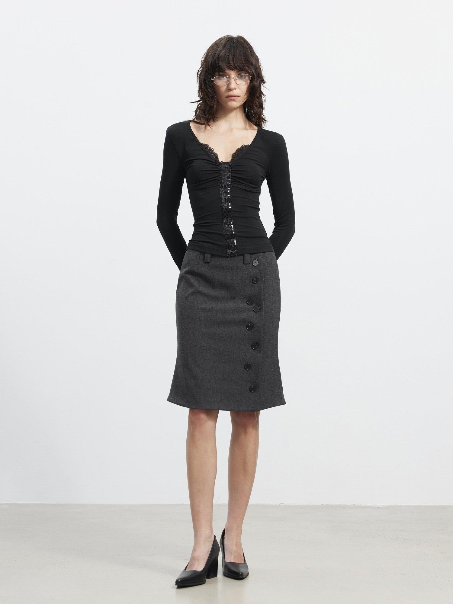 AFTADAWN Asymmetrical Twill Side Button High Waist Women&