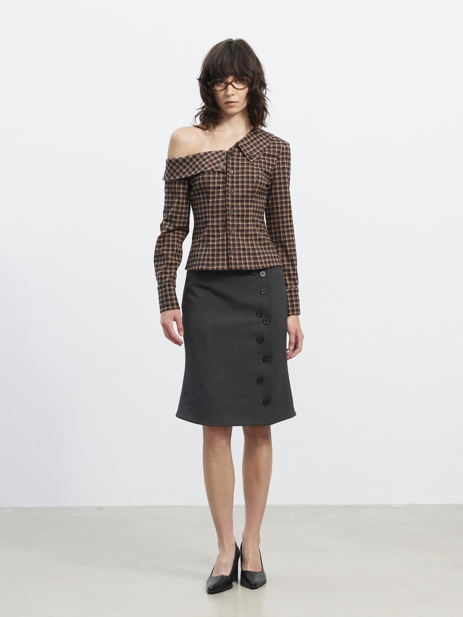 AFTADAWN Asymmetrical Twill Side Button High Waist Women&