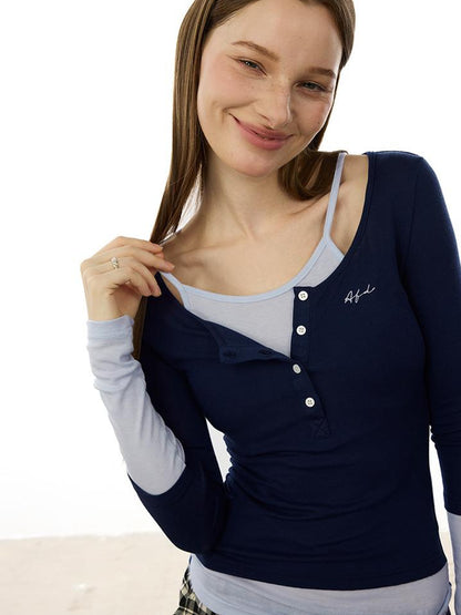 AFTADAWN Austrian Tencel Merino Henley Color Block Tee