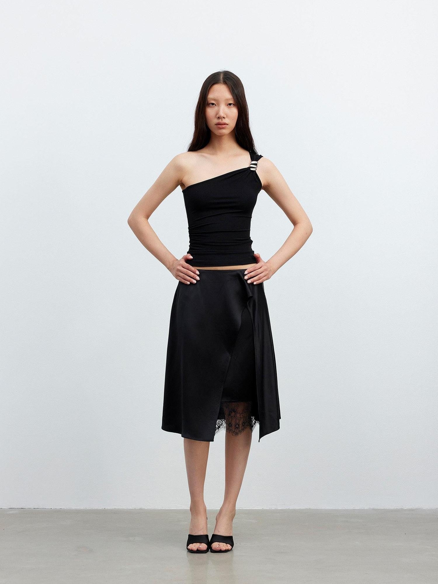 AFTADAWN Backless Asymmetric One Shoulder Metal Buckle Slim Fit Women&