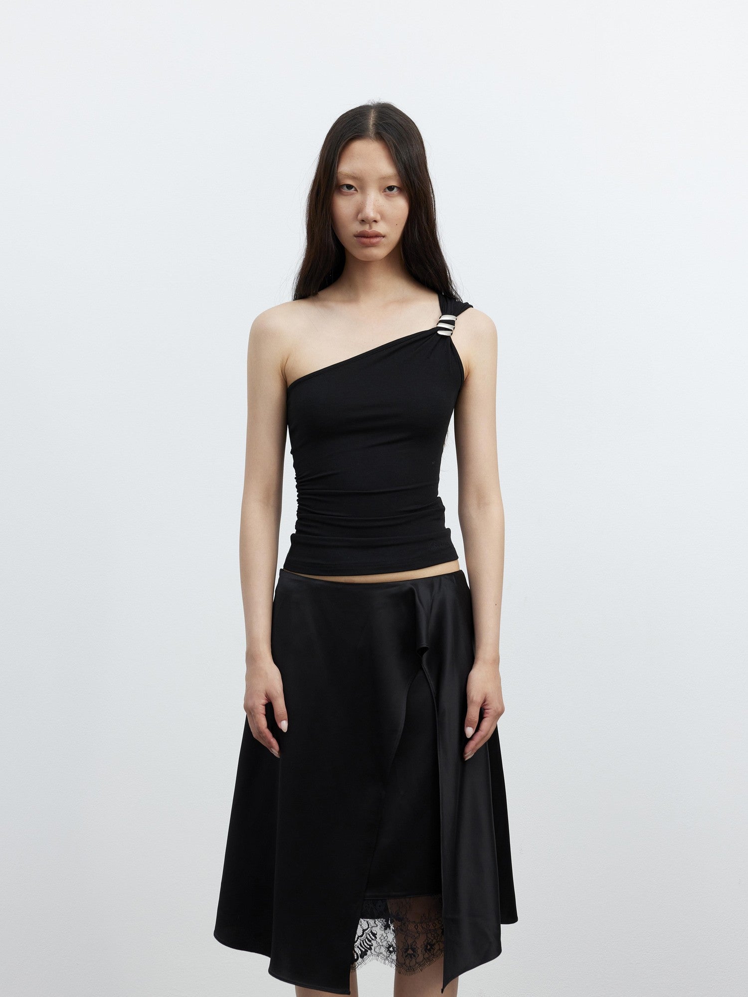 AFTADAWN Backless Asymmetric One Shoulder Metal Buckle Slim Fit Women&