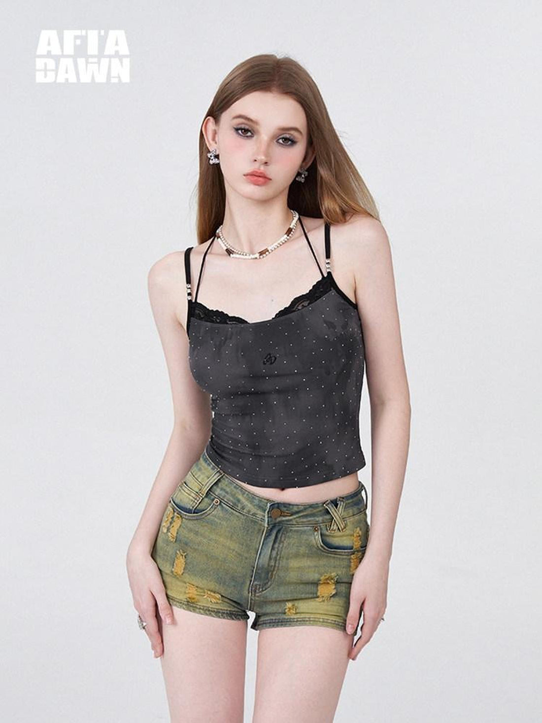 AFTADAWN Batik Distressed Lace Halter Faux Two Layer Rhinestone Women&
