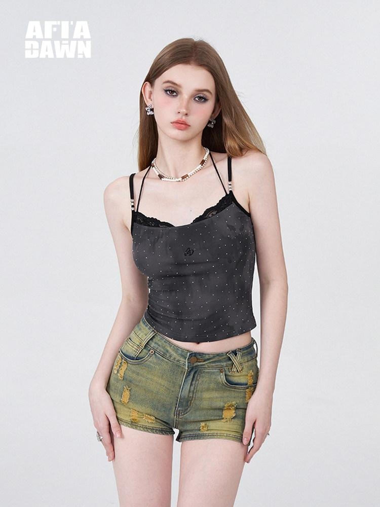 AFTADAWN Batik Distressed Lace Halter Faux Two Layer Rhinestone Women&