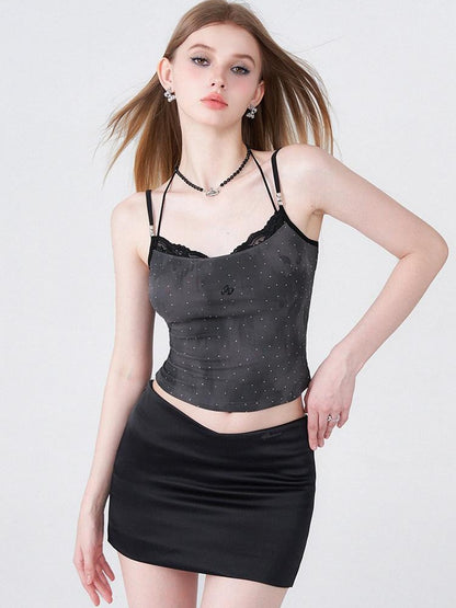 AFTADAWN Batik Distressed Lace Halter Faux Two Layer Rhinestone Women&