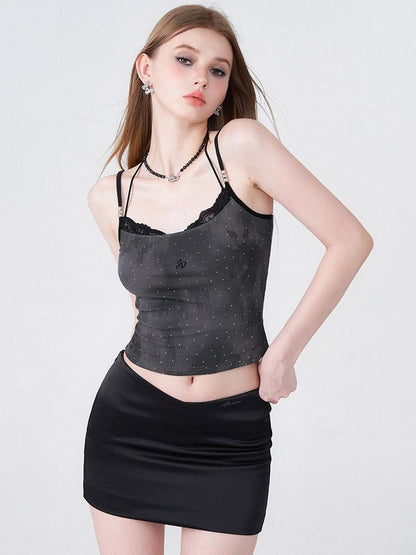 AFTADAWN Batik Distressed Lace Halter Faux Two Layer Rhinestone Women&
