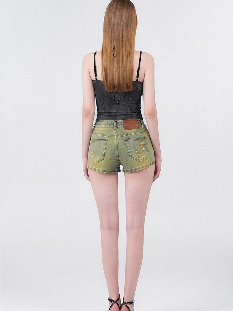 AFTADAWN Batik Distressed Lace Halter Faux Two Layer Rhinestone Women&