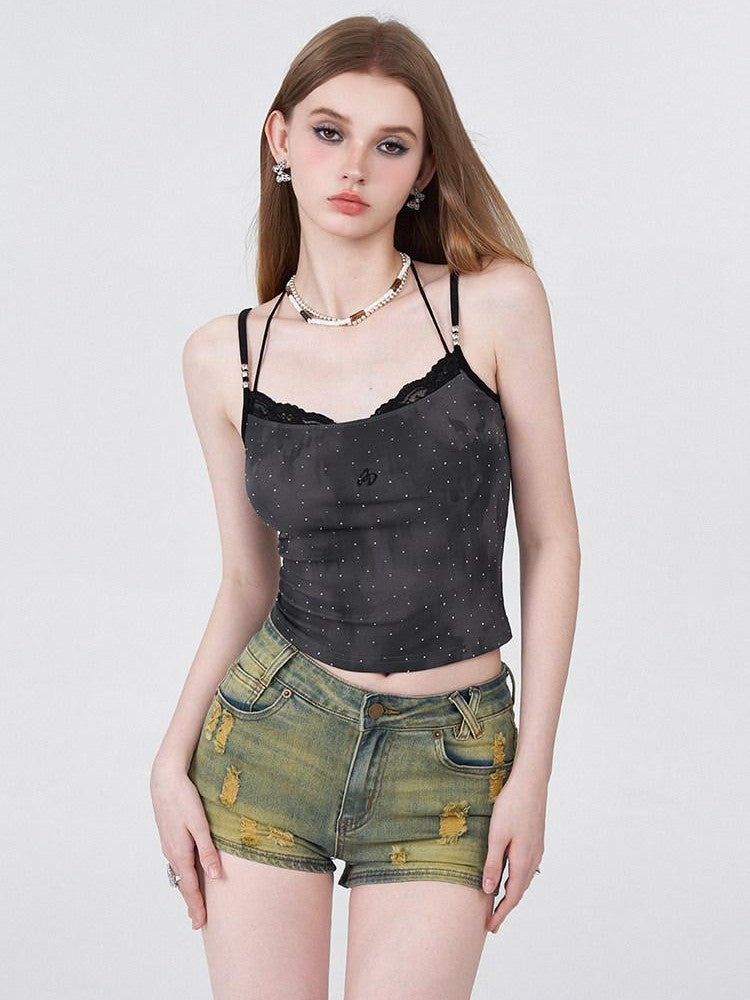 AFTADAWN Batik Distressed Lace Halter Faux Two Layer Rhinestone Women&