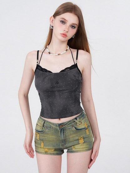 AFTADAWN Batik Distressed Lace Halter Faux Two Layer Rhinestone Women&