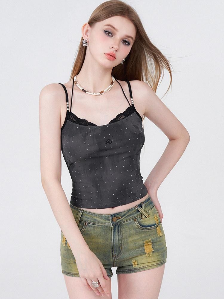 AFTADAWN Batik Distressed Lace Halter Faux Two Layer Rhinestone Women&