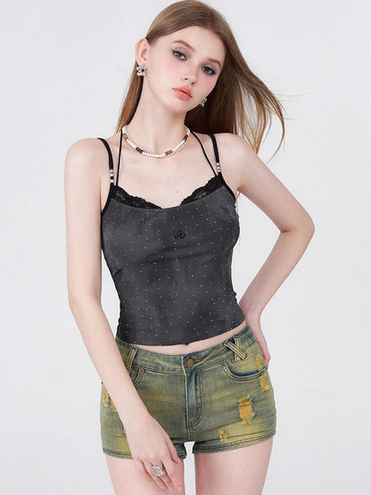 AFTADAWN Batik Distressed Lace Halter Faux Two Layer Rhinestone Women&