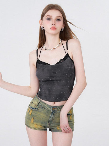 AFTADAWN Batik Distressed Lace Halter Faux Two Layer Rhinestone Women&