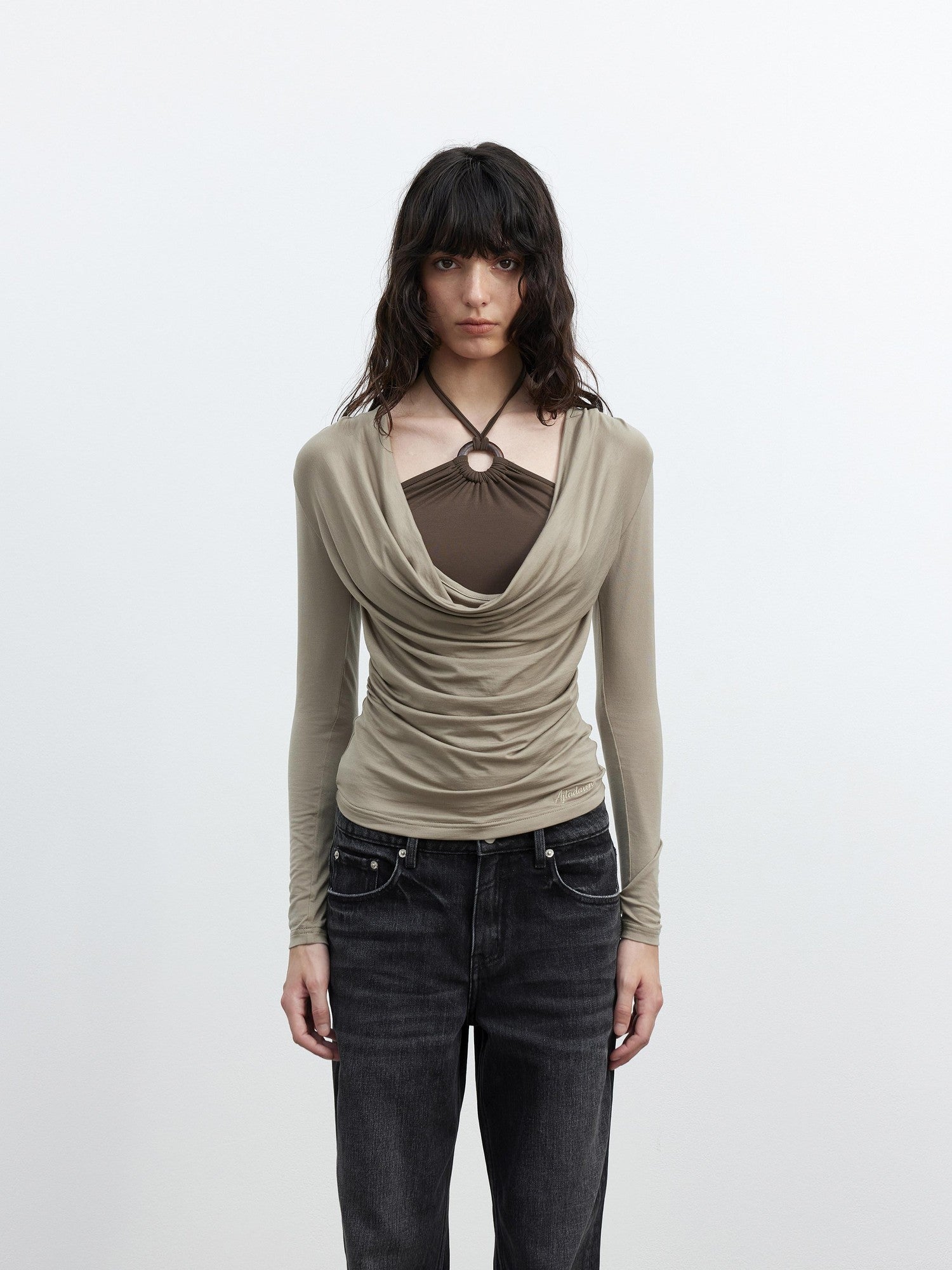 AFTADAWN Beaded Colorblock Halter Faux Layered Slim Women&