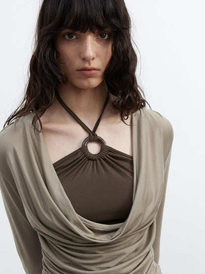AFTADAWN Beaded Colorblock Halter Faux Layered Slim Women&