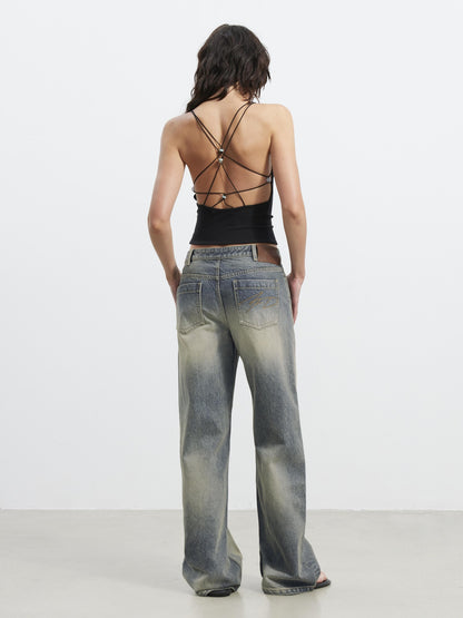 AFTADAWN Beaded Crisscross Halter Deep Back Women&