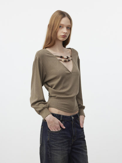 AFTADAWN Beaded Cutout Deep V Women&