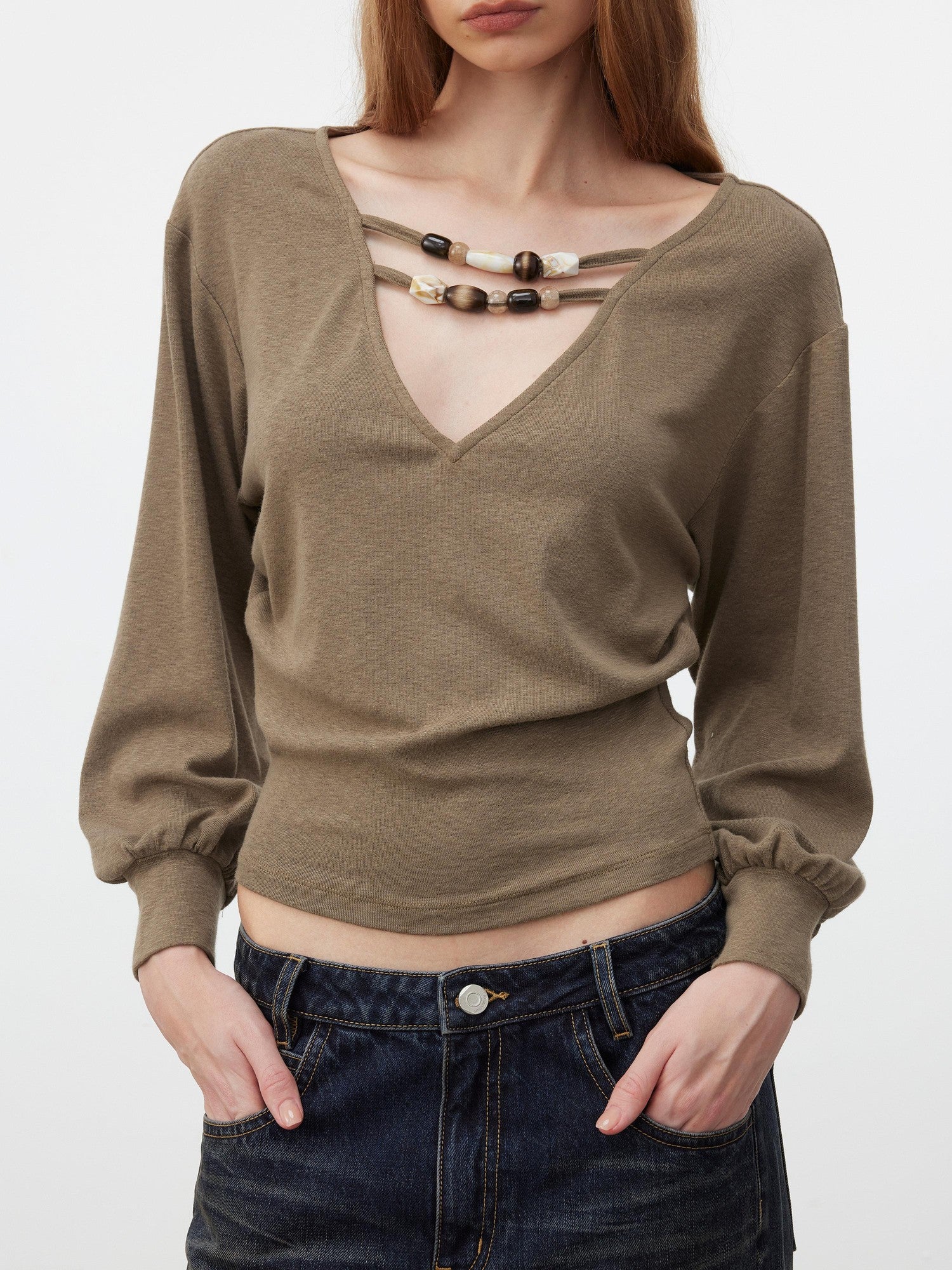 AFTADAWN Beaded Cutout Deep V Women&