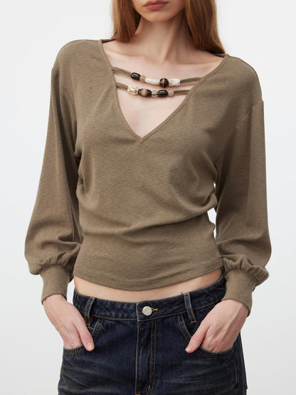 AFTADAWN Beaded Cutout Deep V Women&