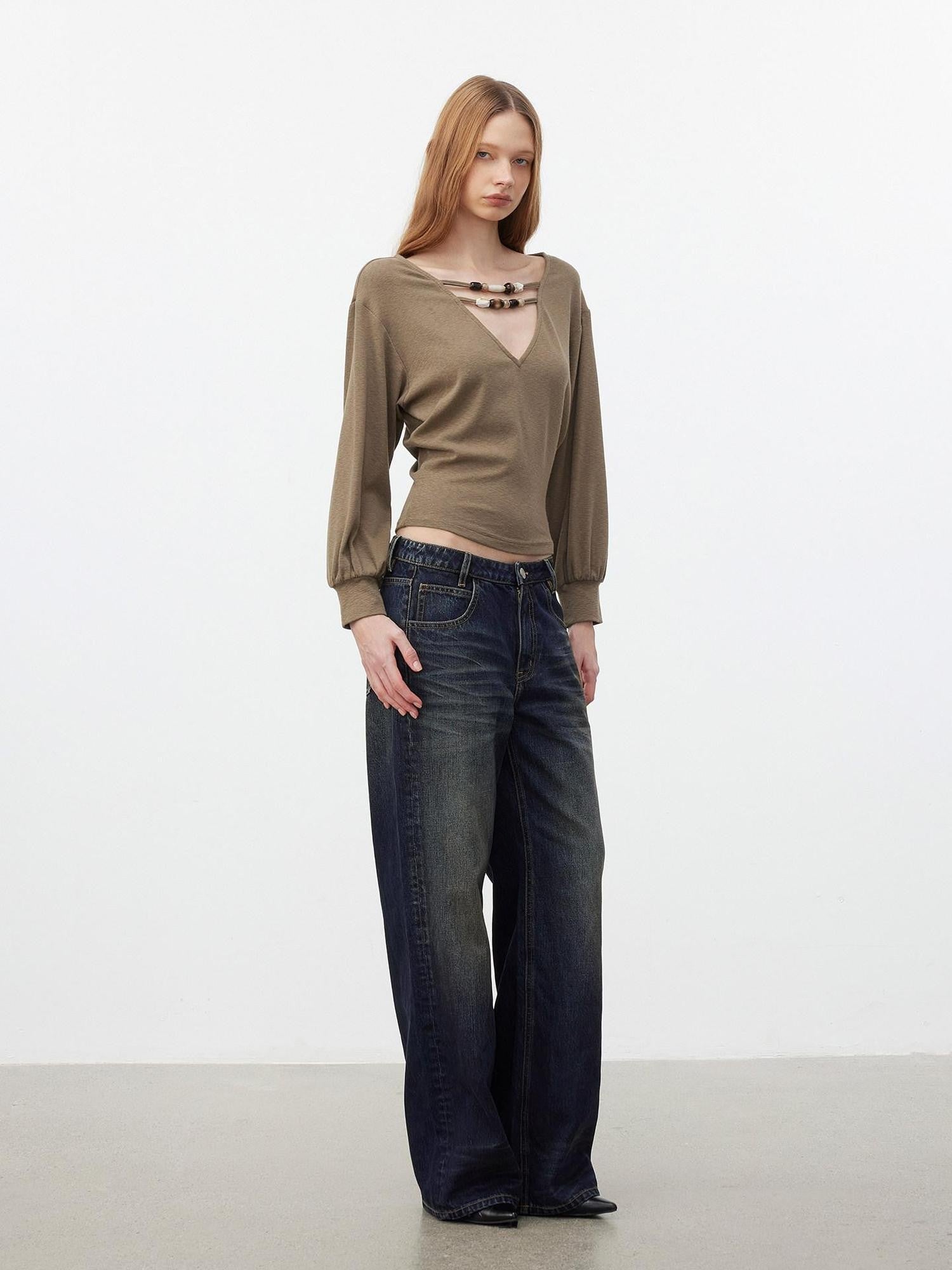 AFTADAWN Beaded Cutout Deep V Women&