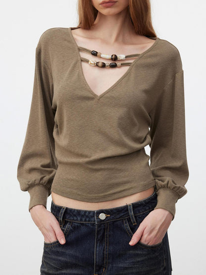 AFTADAWN Beaded Cutout Deep V Women&