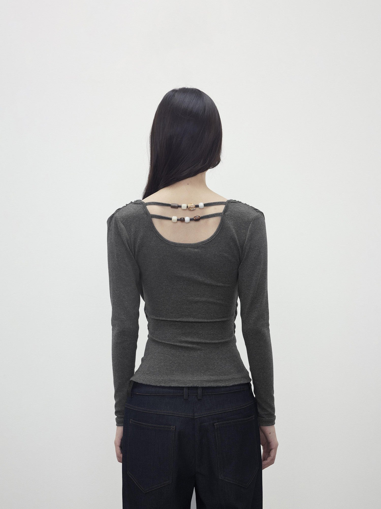 AFTADAWN Beaded Cutout Ruched Back Faux Layered V-neck Women&