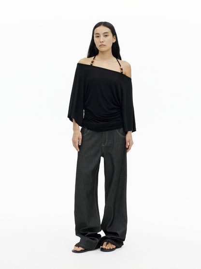 AFTADAWN Beaded Halter One Shoulder Slim Women&