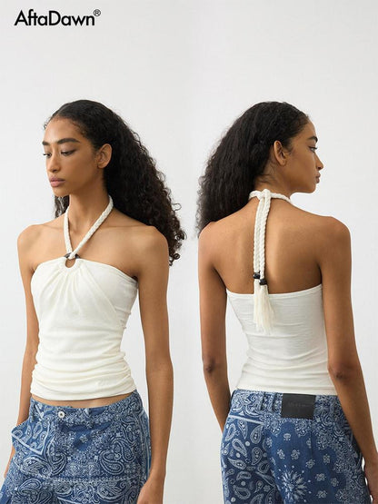 AFTADAWN Beaded Rope Tie Square Neck Women&