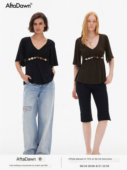 AFTADAWN_Beaded_V-neck_Flared_Sleeve_Waist_Cinched_Wool_Blend_Women&