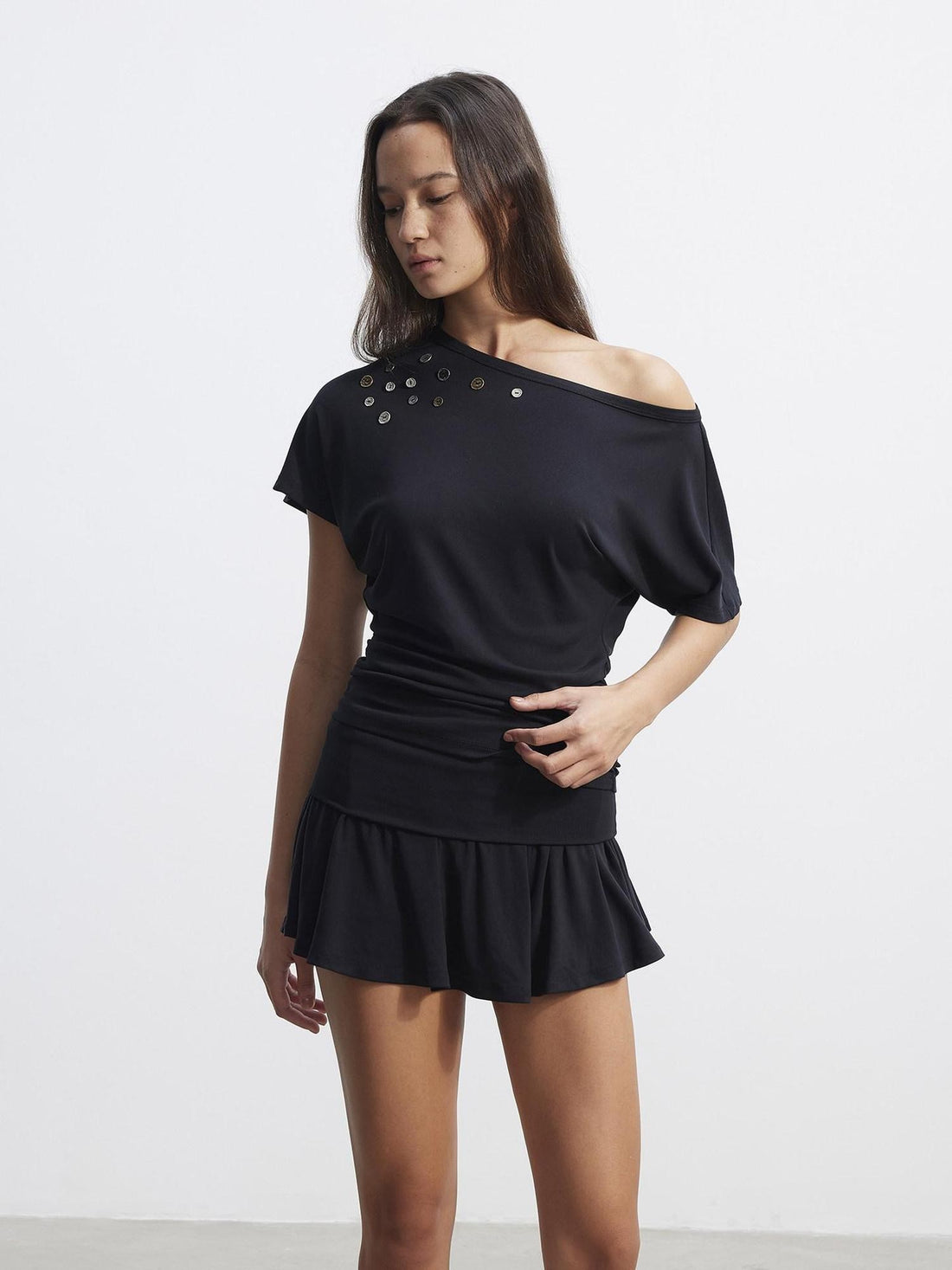 AFTADAWN Black Asymmetric Button Pleated Embroidered Women&