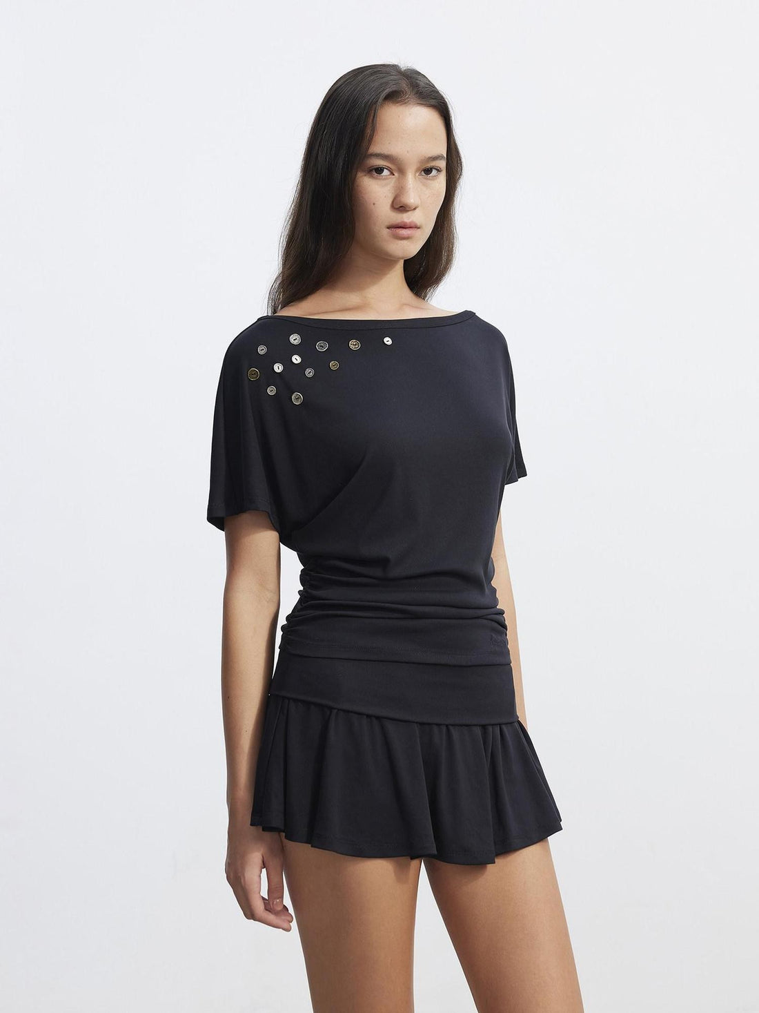 AFTADAWN Black Asymmetric Button Pleated Embroidered Women&