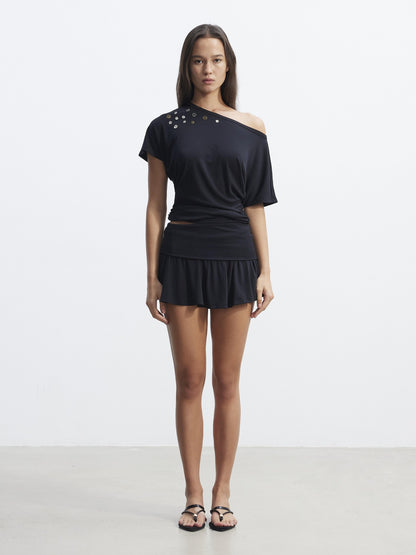 AFTADAWN Black Asymmetric Button Pleated Embroidered Women&