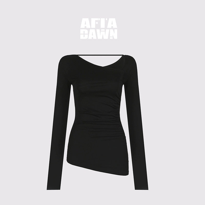 AFTADAWN_Black_Asymmetric_Slanted_Collar_Ruched_Women&