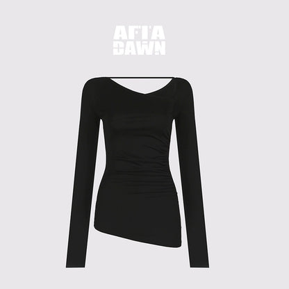 AFTADAWN_Black_Asymmetric_Slanted_Collar_Ruched_Women&