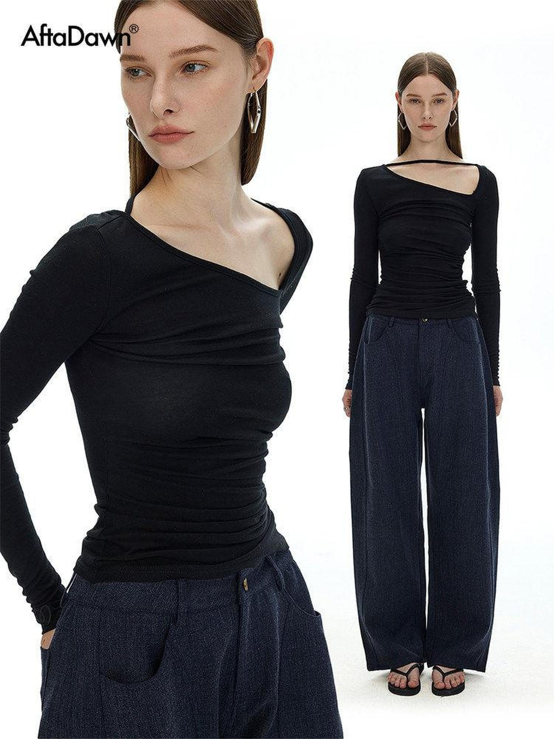 Black Asymmetric Slanted Collar Ruched Women&