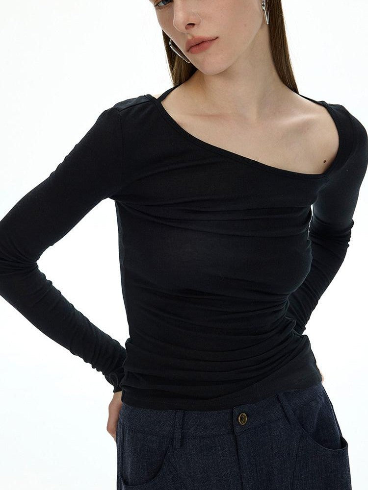 AFTADAWN Black Asymmetric Slanted Collar Ruched Women&