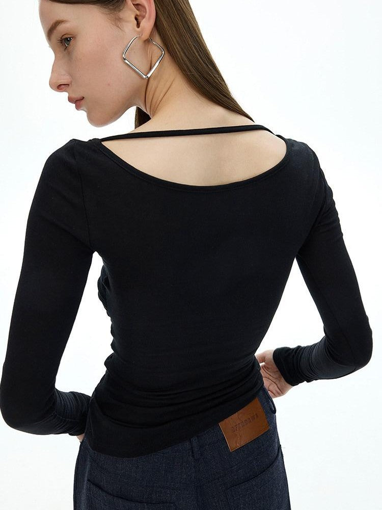 AFTADAWN Black Asymmetric Slanted Collar Ruched Women&
