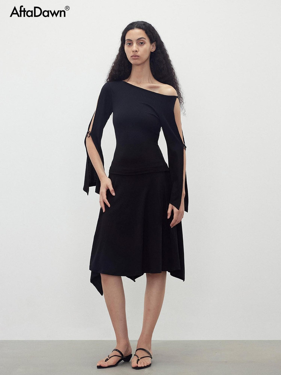 AFTADAWN Black Cutout Ring Off Shoulder Slim Women&