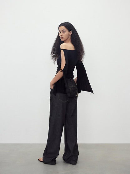 AFTADAWN Black Cutout Ring Off Shoulder Slim Women&