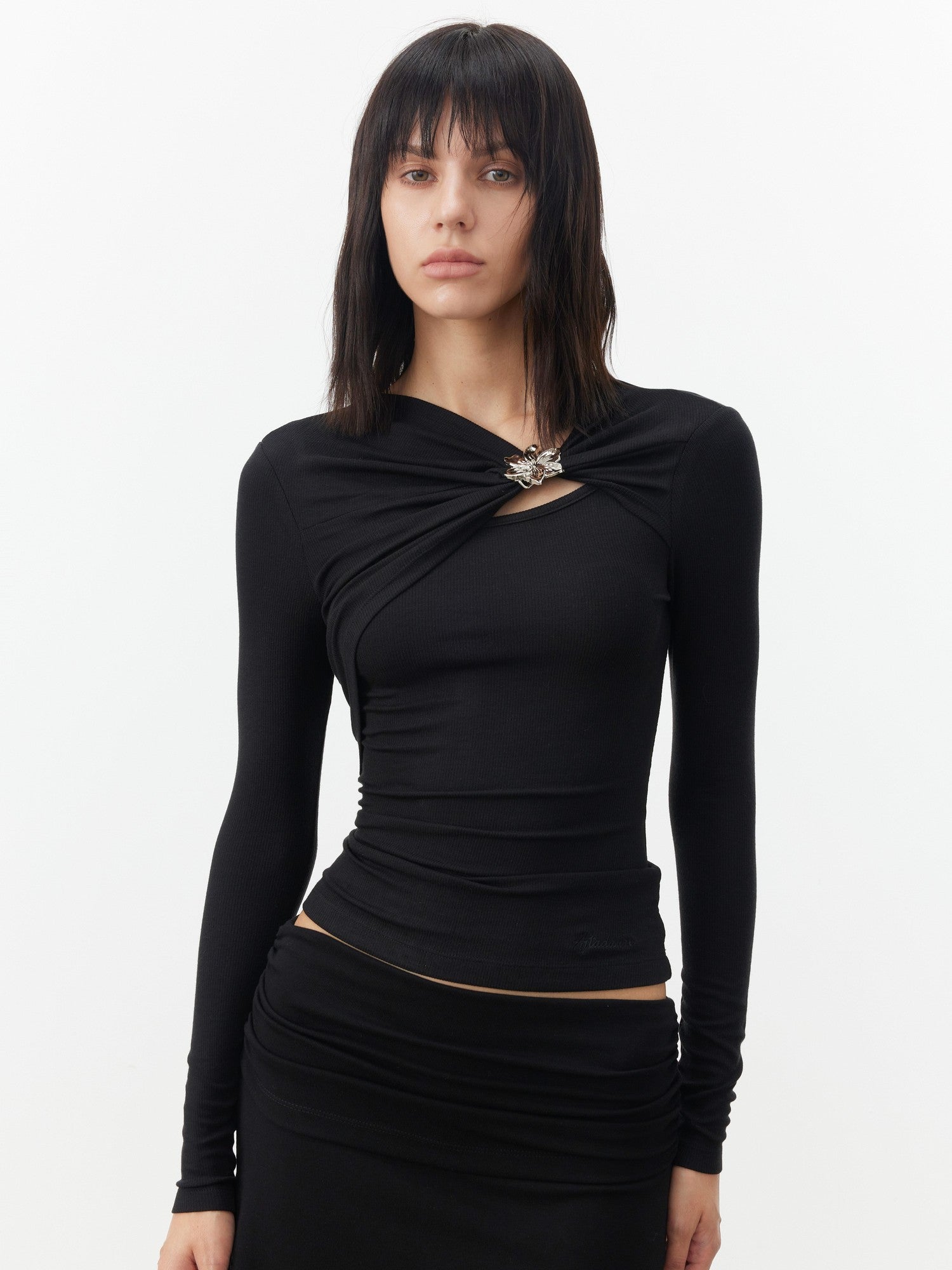 AFTADAWN Black Deconstructed Pleated Cutout Metal Button Women&