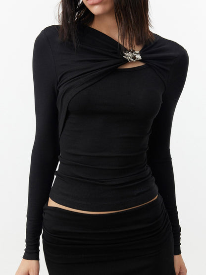AFTADAWN Black Deconstructed Pleated Cutout Metal Button Women&