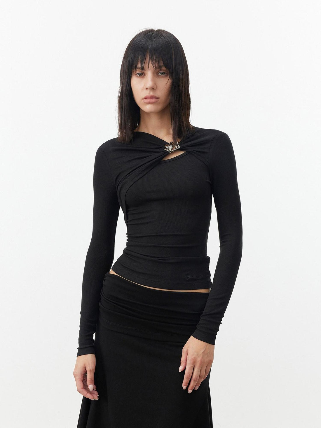 AFTADAWN Black Deconstructed Pleated Cutout Metal Button Women&